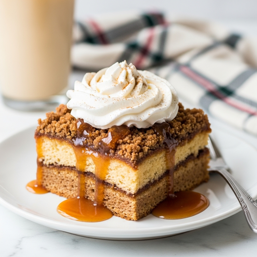 A chunky slice of dessert sits on a white plate with a crumbly brown topping layer, dripping with sticky caramel sauce that pools around the base. Below this, a thick layer of soft, golden-brown baked bread or cake with slightly uneven texture is visible, soaked in syrup. On top, there is a swirl of fluffy white whipped cream sprinkled lightly with cinnamon or nutmeg. A silver fork rests near the dessert, and the background shows a blurred tall glass of a light beige drink and a folded plaid cloth, all set on a white marbled surface. Photo taken with an iphone --ar 4:5 --v 7