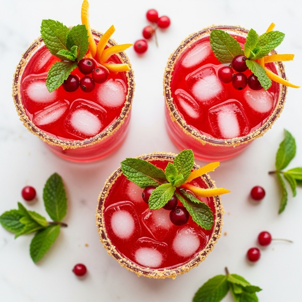 Three clear glasses filled with bright red liquid and ice cubes are shown from above, each glass rimmed with a crumbly light brown crust. On top of the red liquid, there are fresh green mint leaves, several small red berries, and thin pale orange peel strips as garnish. The background is a white marbled texture with scattered red berries and mint leaves around the glasses. Photo taken with an iphone --ar 4:5 --v 7