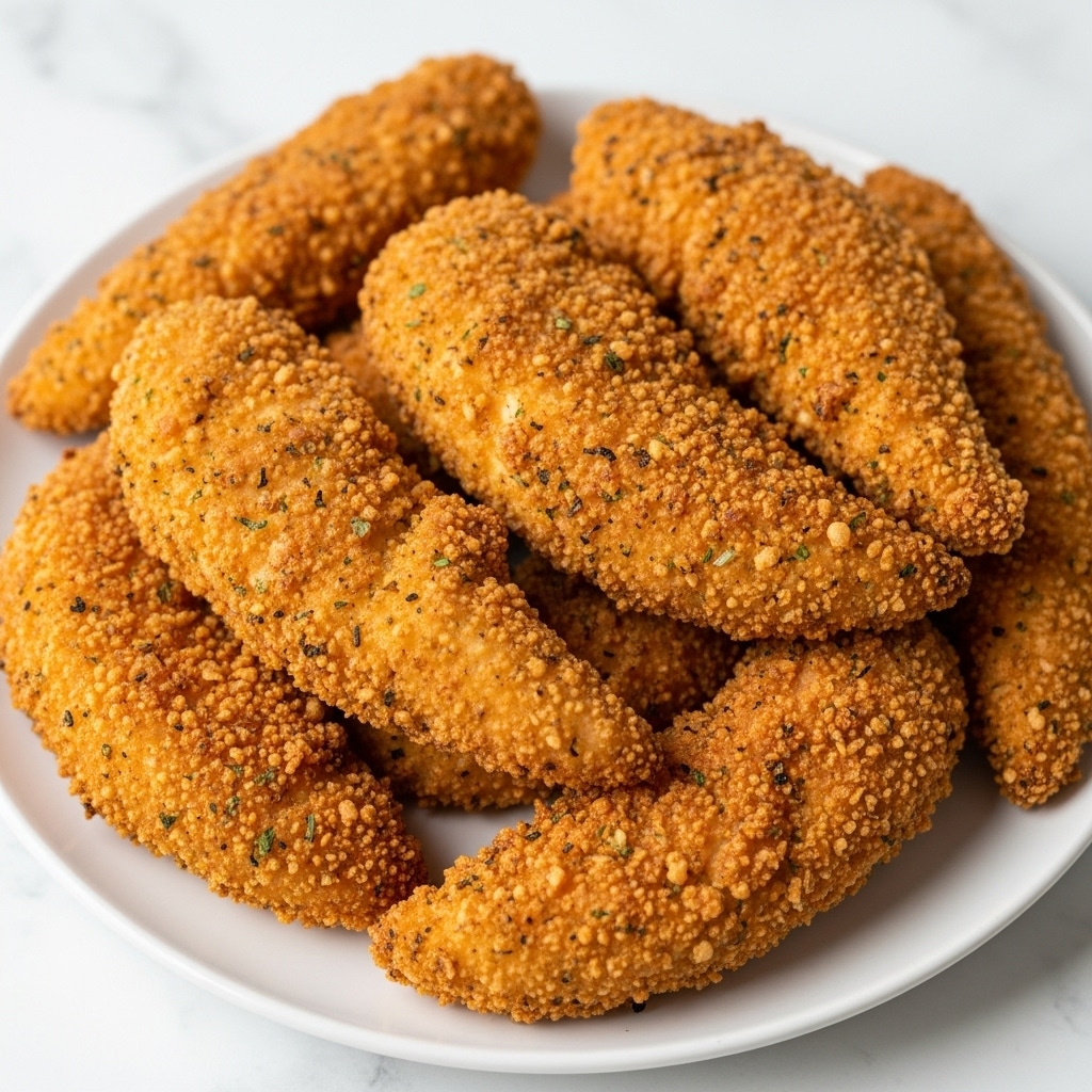 A white plate holds a pile of golden-brown breaded chicken tenders with a crispy, textured coating that shows bits of herbs and spices, giving the surface a slightly speckled look of green and black flecks. Each tender is thick and elongated, with crunchy edges and a warm, inviting color. The lighting highlights the crunchiness and texture across the chicken, making them look fresh and hot. The background is a white marbled texture. photo taken with an iphone --ar 4:5 --v 7