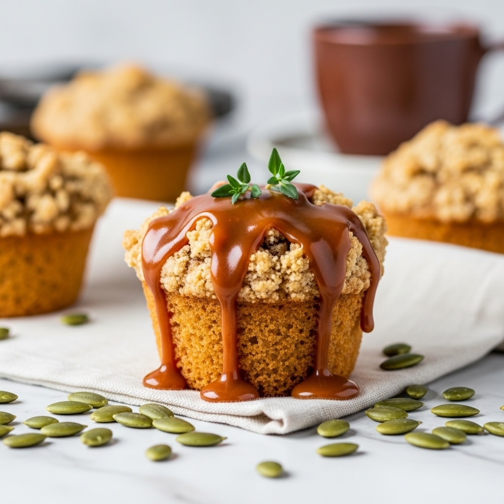 A close-up view of a single golden muffin with a crumbly top layer covered by thick, glossy caramel sauce dripping down its sides, garnished with two small green thyme sprigs on top. The muffin sits on a light-colored cloth surrounded by scattered raw pumpkin seeds with blurred muffins and a brown ceramic cup in the softly focused background, all placed on a white marbled surface. Photo taken with an iphone --ar 4:5 --v 7
