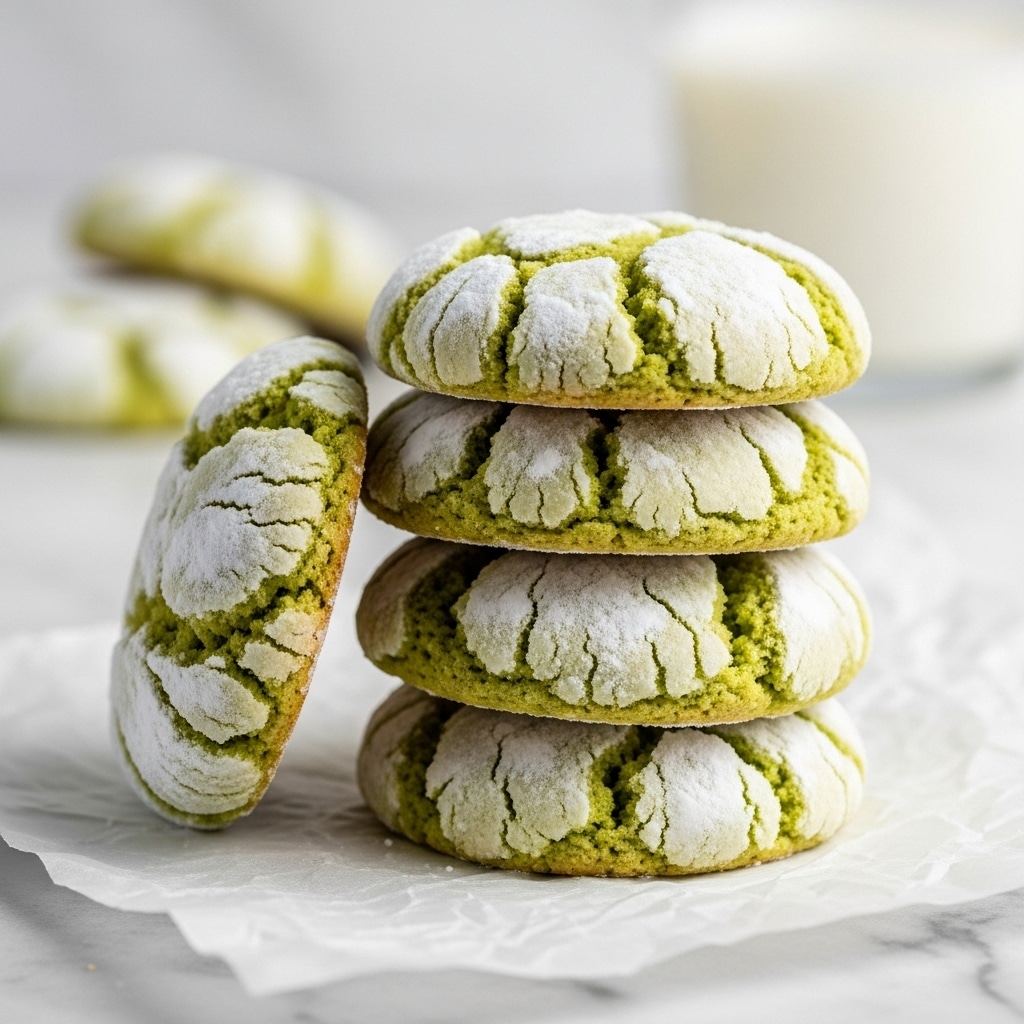 A stack of five round, pale green cookies with a cracked surface dusted with white powdered sugar rests on crumpled white parchment paper. The cookies have a soft, delicate texture with visible cracks that show their light, airy inside. The top cookie leans slightly to the left, revealing its thickness which is about one inch, and the edges of the cookies are gently rounded. In the blurred background, there is another pale green cookie and a glass filled with a white liquid on a white marbled surface. photo taken with an iphone --ar 4:5 --v 7