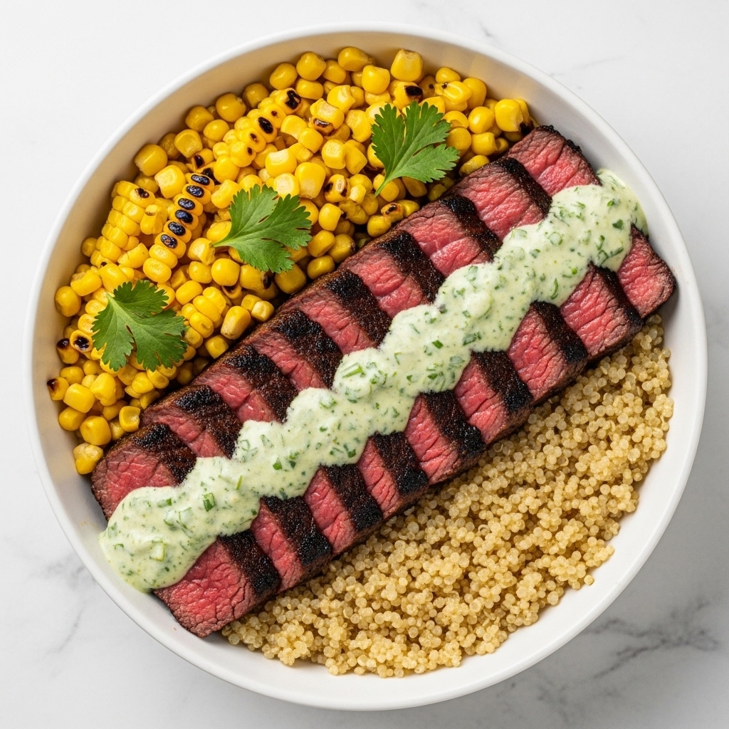 A bowl filled with three main layers: at the bottom, a bed of cooked quinoa with its small round grains in pale beige; on top of that, tender slices of medium-rare steak with a dark, charred crust and a warm pink center, arranged in a neat row; covering part of the steak and quinoa is a thick, creamy green sauce speckled with herbs. To one side of the bowl, there is a portion of grilled corn kernels, golden-yellow with some slight char marks, garnished with fresh green cilantro leaves. The bowl itself is a textured stoneware style placed on a white marbled surface. Photo taken with an iphone --ar 4:5 --v 7