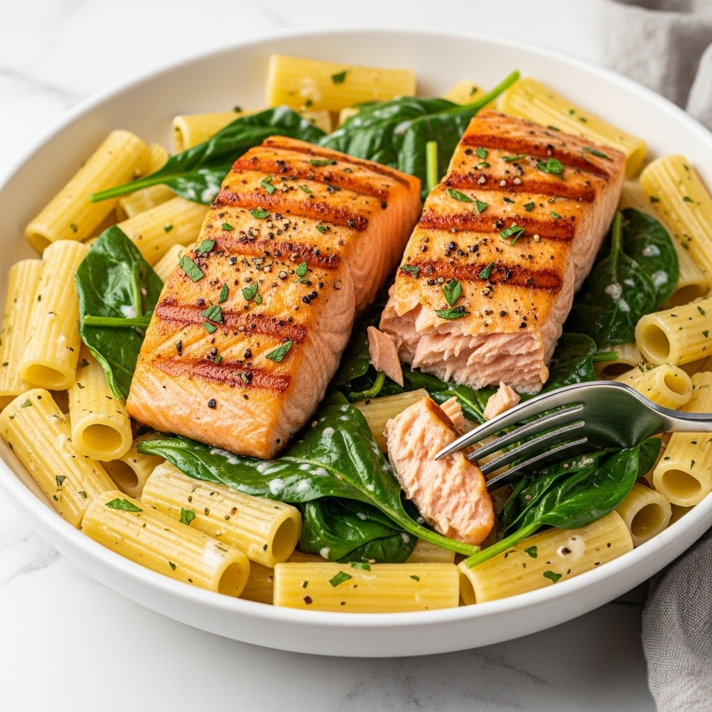 The dish shows a white bowl filled with rigatoni pasta, cooked to a soft yellow color and evenly spread across the base. Mixed in between the pasta are dark green spinach leaves with a slight glossy texture. On top, two grilled salmon pieces with a golden-brown sear and herbs scattered on them rest prominently. The salmon has light pink interiors showing a tender inside. The dish is lightly coated with a creamy white sauce with small flecks of black pepper and herbs. A fork pierces a piece of salmon, adding a metallic shine. The bowl sits on a white marbled surface with a soft cloth nearby. Photo taken with an iphone --ar 4:5 --v 7