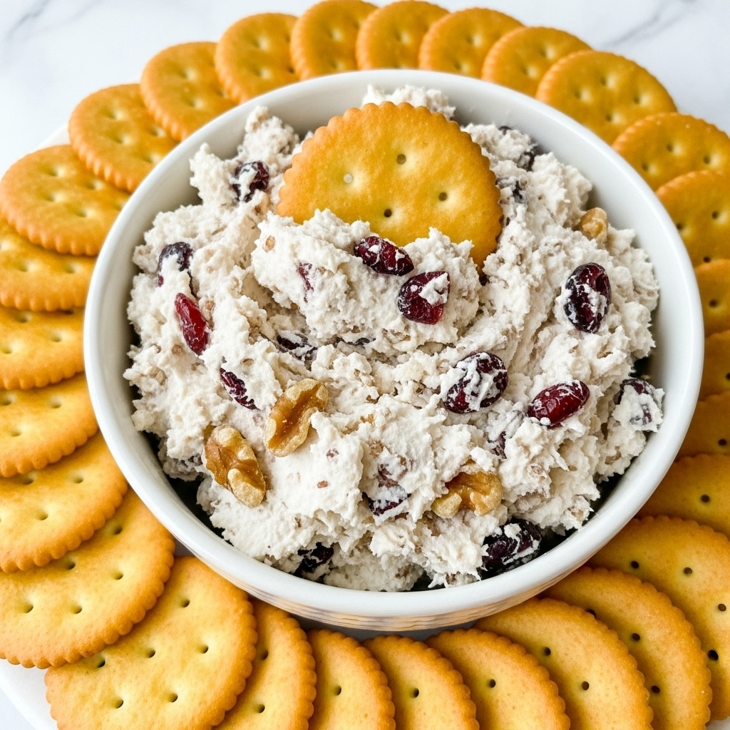 A close-up view of a white bowl filled with a creamy, white cheese spread mixed with visible pieces of dried cranberries and chopped walnuts, giving it a textured look with red and brown specks throughout. One round, golden-brown cracker is dipped into the spread, partially covered by it. Surrounding the bowl, there is a ring of many round, golden crackers arranged side by side on a white marbled surface. The overall scene is bright and focused on the bowl of spread and crackers. photo taken with an iphone --ar 4:5 --v 7