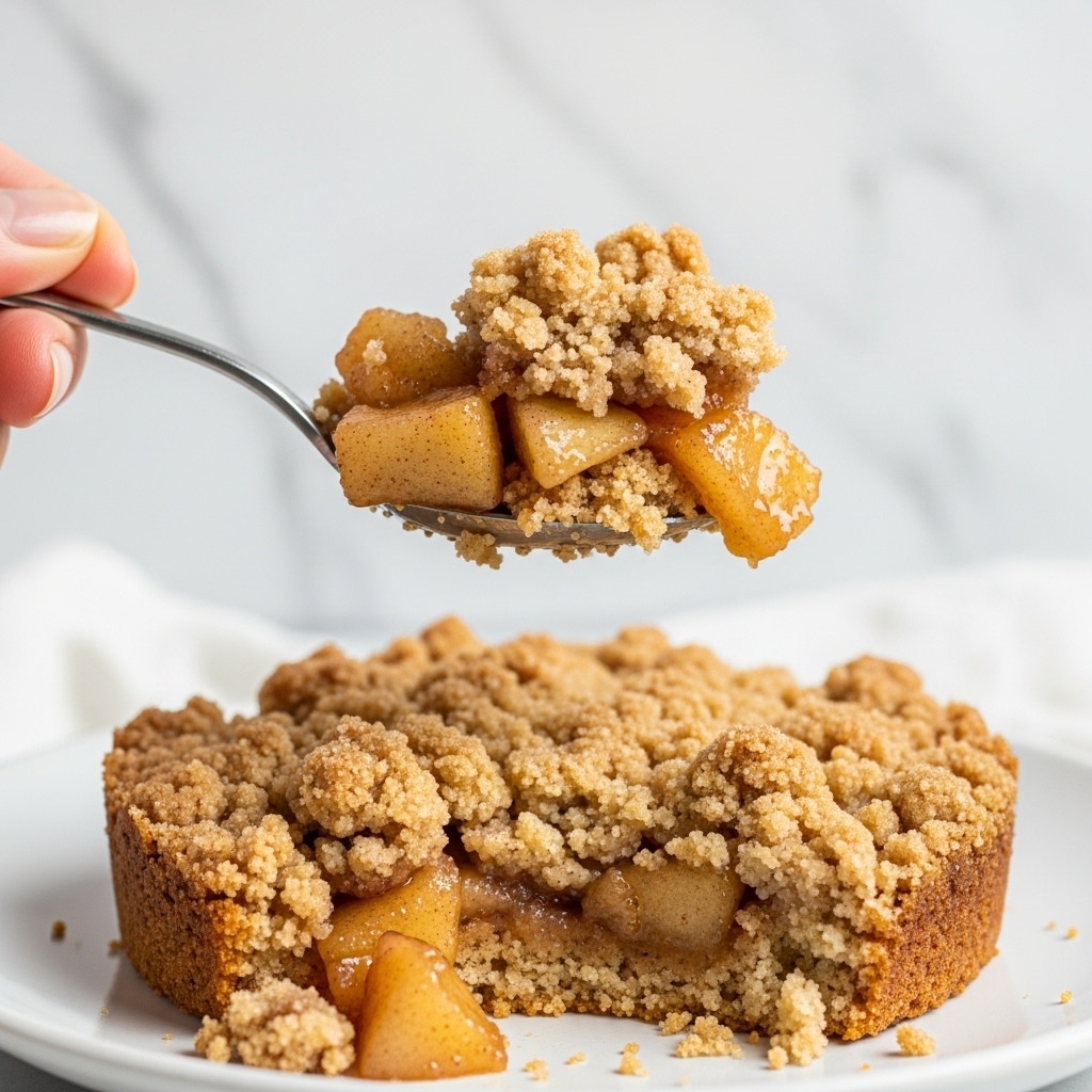 A close-up shot of a spoon lifting a portion of crumbly apple dessert from a white plate. The dessert has a rough, golden-brown crumb top layer with visible sugar and cinnamon specks, beneath which are soft, caramelized apple slices that are a shiny amber color. The apple pieces are tender and slightly translucent, mingling with the crumbly cake crumbs below. The background is a white marbled texture, and a woman's hand is holding the spoon on the left side of the image. photo taken with an iphone --ar 4:5 --v 7
