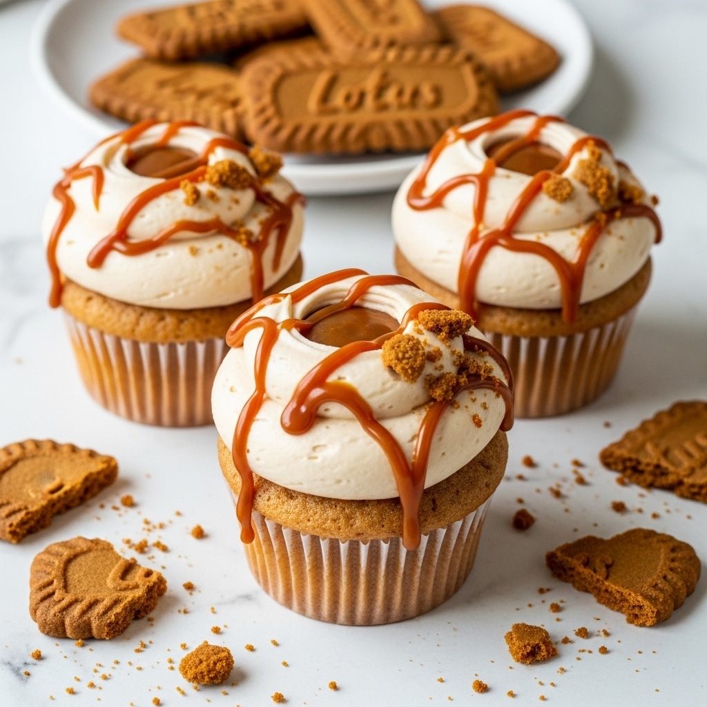 The image shows three cupcakes with one layer of light brown cake at the bottom. Each cupcake has a thick swirl of smooth beige frosting on top, forming a small hollow center filled with glossy caramel. Drizzles of caramel sauce run over the frosting, and there are small crumbles of a brown crumbly cookie sprinkled near the caramel on each cupcake. Around the cupcakes, broken pieces and crumbs of the same brown cookies are scattered on a white marbled surface. In the background, a white plate holds several whole rectangular brown cookies with a pattern on top. photo taken with an iphone --ar 4:5 --v 7