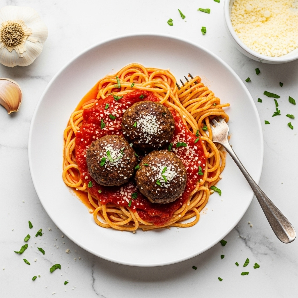 A white plate sits on a white marbled texture surface, holding a serving of spaghetti with three large meatballs on top. The spaghetti is coated in bright red tomato sauce that pools slightly beneath it. The meatballs are dark brown with a moist texture, sprinkled with finely grated white cheese and small green herb bits. A fork with a rustic metal handle twists some spaghetti on its tines, resting on the right side of the plate. Around the plate, a few green herb flakes are scattered. Nearby, there is a white bowl filled with fine grated cheese and a partially peeled garlic bulb. Photo taken with an iphone --ar 4:5 --v 7
