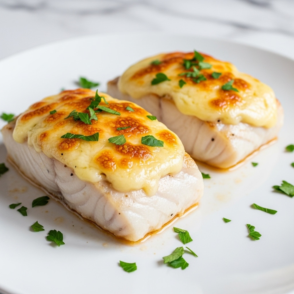 Two thick pieces of white fish fillet sit on a white plate with a white marbled texture in the background. Each fillet has a golden brown layer of melted cheese on top, speckled with small browned spots from grilling or broiling. Bright green parsley flakes are sprinkled over the cheese and around the plate for decoration. The fish has a moist texture with some juices pooling at the base, highlighting its tenderness. photo taken with an iphone --ar 4:5 --v 7
