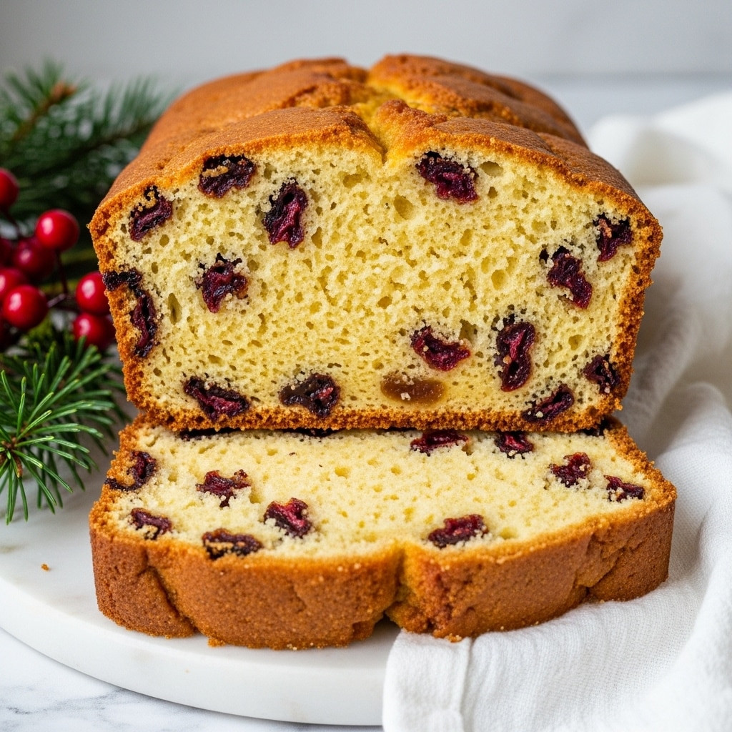 A close-up of two slices of light yellow cake with a soft and moist texture, dotted with small dark red and brown dried fruits evenly spread inside each slice, placed on top of one another on a white marbled surface partially covered by a white cloth, with some green pine branches and red berries visible on the left side of the image. photo taken with an iphone --ar 4:5 --v 7