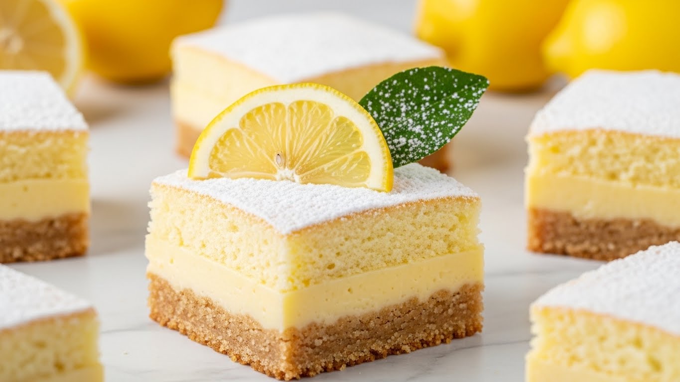 A square slice of lemon dessert bar has three layers: a crumbly golden brown base, a smooth pale yellow lemon custard middle, and a light, fluffy yellow cake top dusted with white powdered sugar. On top sits a wedge of bright yellow lemon and a small green leaf dusted with powdered sugar, all set on a white marbled surface with more lemon bars and whole lemons blurred in the background. photo taken with an iphone --ar 4:5 --v 7