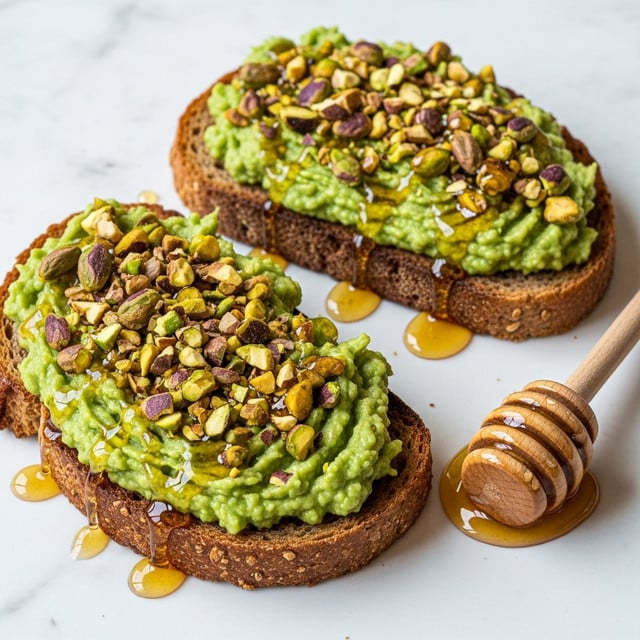 Two slices of thick toasted brown bread are topped with a thick spread of green avocado mash. On top of the avocado, there is a layer of roughly chopped nuts scattered evenly, adding texture. Golden honey is drizzled over the toast, some pooling slightly on the white marbled surface beneath. The toast slices are placed close together, with one slightly behind the other. A honey dipper with honey is visible on the right side of the image, resting on the white marbled surface. The photo taken with an iphone --ar 4:5 --v 7