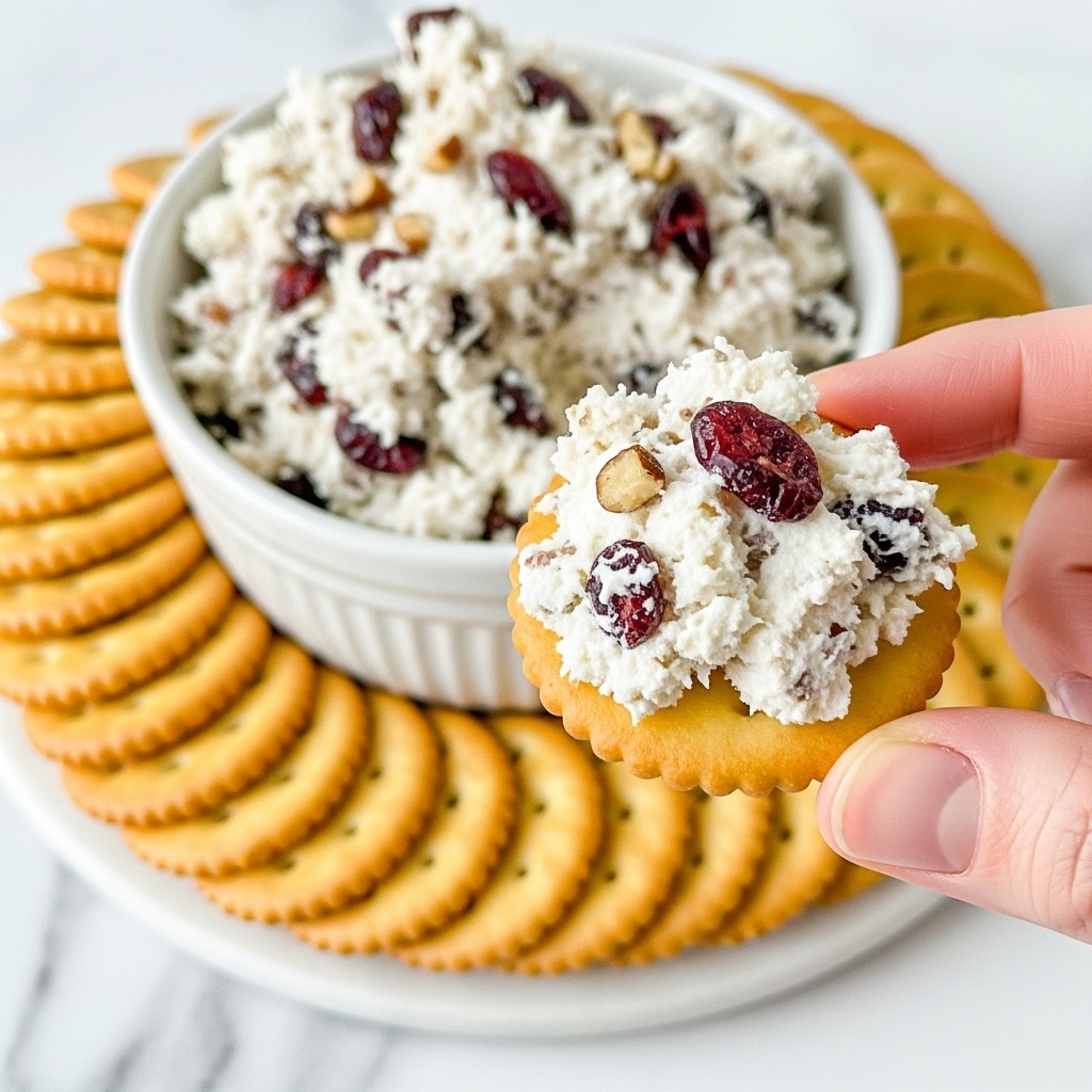A close-up shows a woman's hand holding a round, golden cracker topped with a thick, creamy white cheese spread mixed with visible pieces of dark red dried cranberries and small brown nut bits. In the background, a white bowl is filled with the same cheese mixture, surrounded by a neat circle of the same golden crackers, all placed on a white marbled surface. The layers clearly show the cracker base with the chunky, textured cheese spread on top. photo taken with an iphone --ar 4:5 --v 7