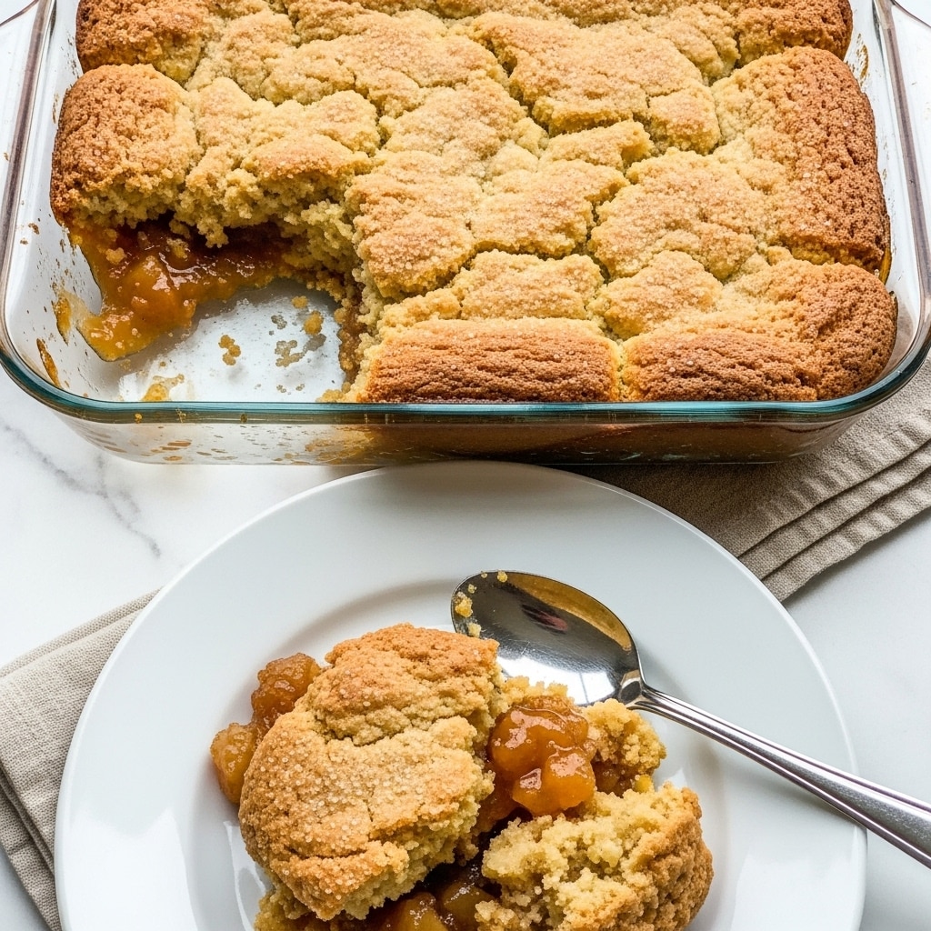 The image shows a glass baking dish filled with a golden-brown cobbler that has a rough, slightly cracked top layer dusted with coarse sugar. The cobbler's crust looks soft and bumpy with a warm, toasted color, revealing a gooey, amber fruit filling peeking through in one corner of the dish. In front of the dish, there is a white plate with a large scoop of the same cobbler, showing crumbly, moist layers with bits of cooked fruit inside. A silver spoon rests on the edge of the plate, all placed on a white marbled surface with a folded cloth nearby. photo taken with an iphone --ar 4:5 --v 7