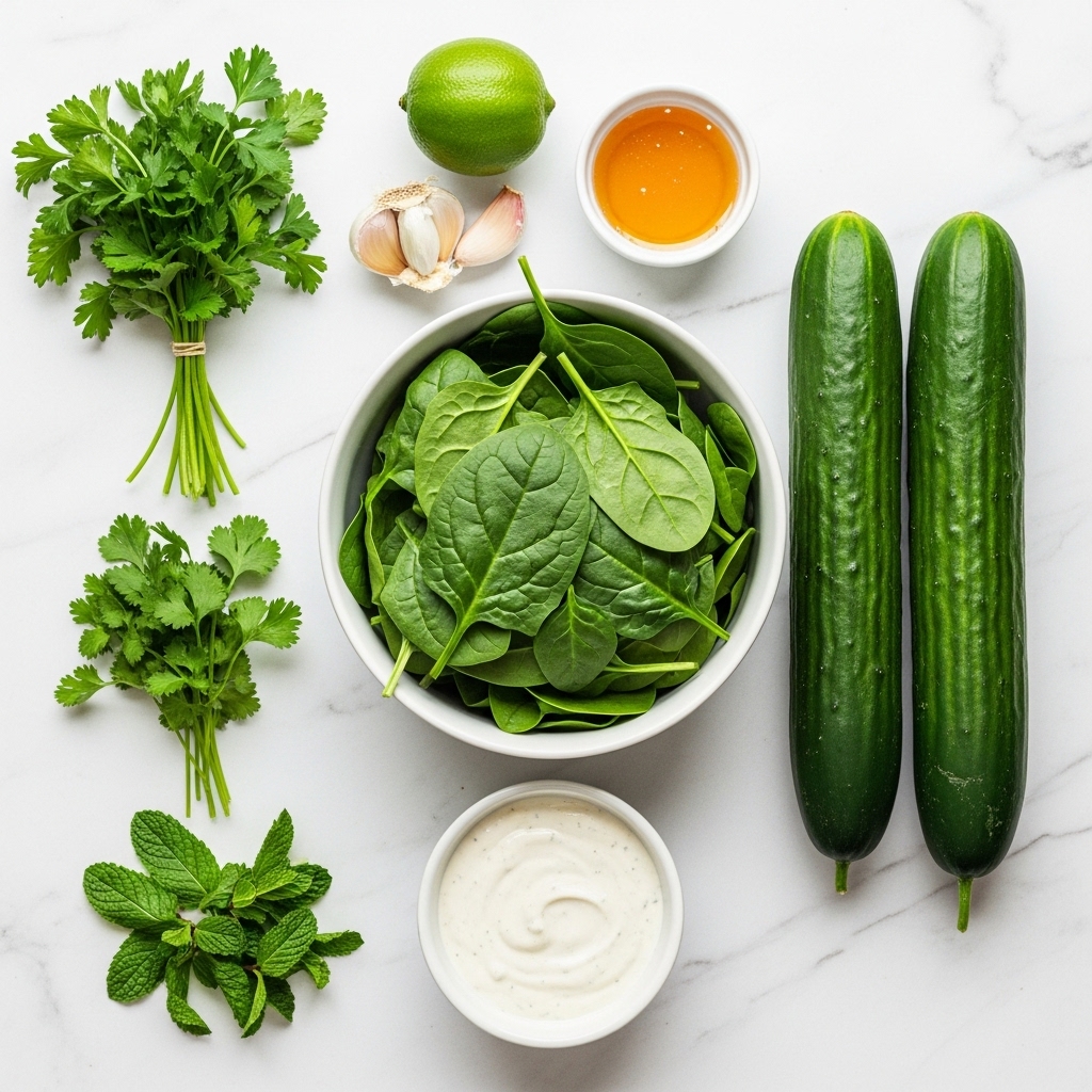 A top-down view of fresh ingredients arranged neatly on a white marbled surface, including two long, dark green cucumbers on the right, a white bowl filled with bright green spinach leaves in the center, and a smaller white bowl containing a creamy white sauce below it. To the left, there are bundles of fresh herbs: parsley at the top left, cilantro below it, and mint leaves scattered to the bottom left. Near the center top, a whole green lime, two garlic cloves, and a small bowl of golden honey are placed. The colors are vibrant with various shades of green, white, and yellowish honey creating a fresh and clean look. photo taken with an iphone --ar 4:5 --v 7