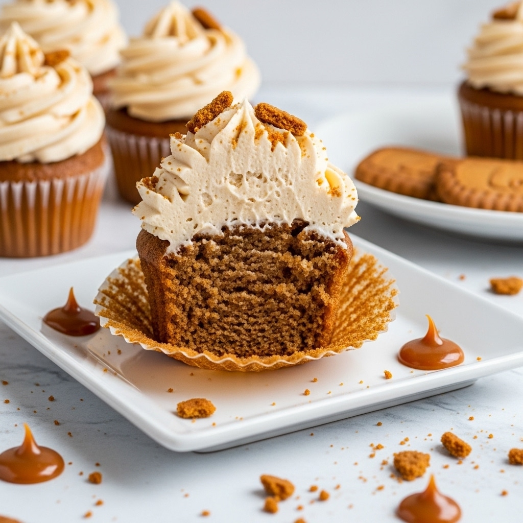 The image shows a close-up of a half-eaten cupcake placed on a white square plate with a white marbled texture surface beneath. The cupcake has two main layers: a soft, moist, golden brown cake base at the bottom and a thick, smooth, light tan frosting on top. The frosting is swirled into two round layers with a creamy texture and topped with small crumbled biscuit pieces. In the background, there are whole cupcakes with the same frosting, and a white plate with a round biscuit is partially visible. Crumbs and small dollops of caramel sauce are scattered around the plate and surface. Photo taken with an iphone --ar 4:5 --v 7