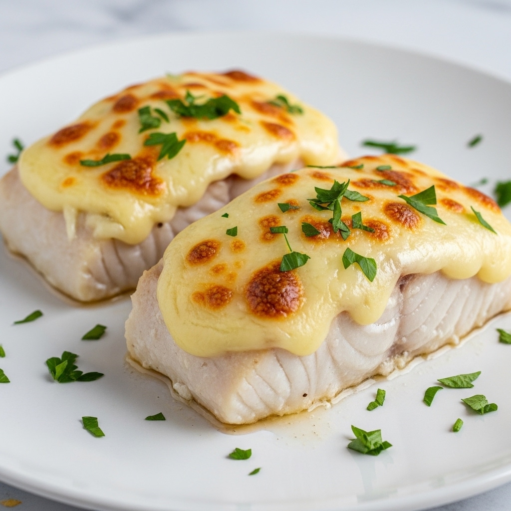 Two thick pieces of cooked chicken breasts sit closely on a white plate with a white marbled texture underneath. Each piece is topped with a layer of melted cheese that is lightly browned in spots, showing a bubbly texture. The cheese layer is pale cream with golden brown toasted patches. Small pieces of bright green chopped parsley are scattered on top of the cheese and around the plate for garnish. The chicken meat looks tender and juicy with a light beige color and specks of seasoning visible within. A thin layer of shiny sauce pools slightly around the base of the chicken, adding a moist look. Photo taken with an iphone --ar 4:5 --v 7
