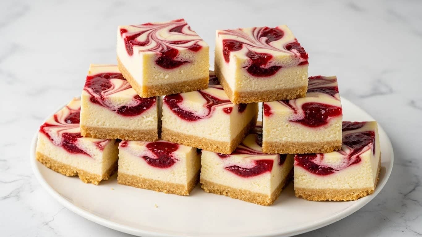 A stack of eight square cheesecake pieces are arranged on a white plate on a white marbled textured surface. Each cheesecake piece has two layers: a thick creamy pale yellow base that looks smooth and dense, and a top layer with swirled patterns of white and deep red jam, creating eye-catching marbled swirls and spots on the surface. The cheesecakes are cut cleanly with sharp edges, and the overall look is neat and inviting with the rich red jam contrasting against the pale cheesecake. photo taken with an iphone --ar 4:5 --v 7