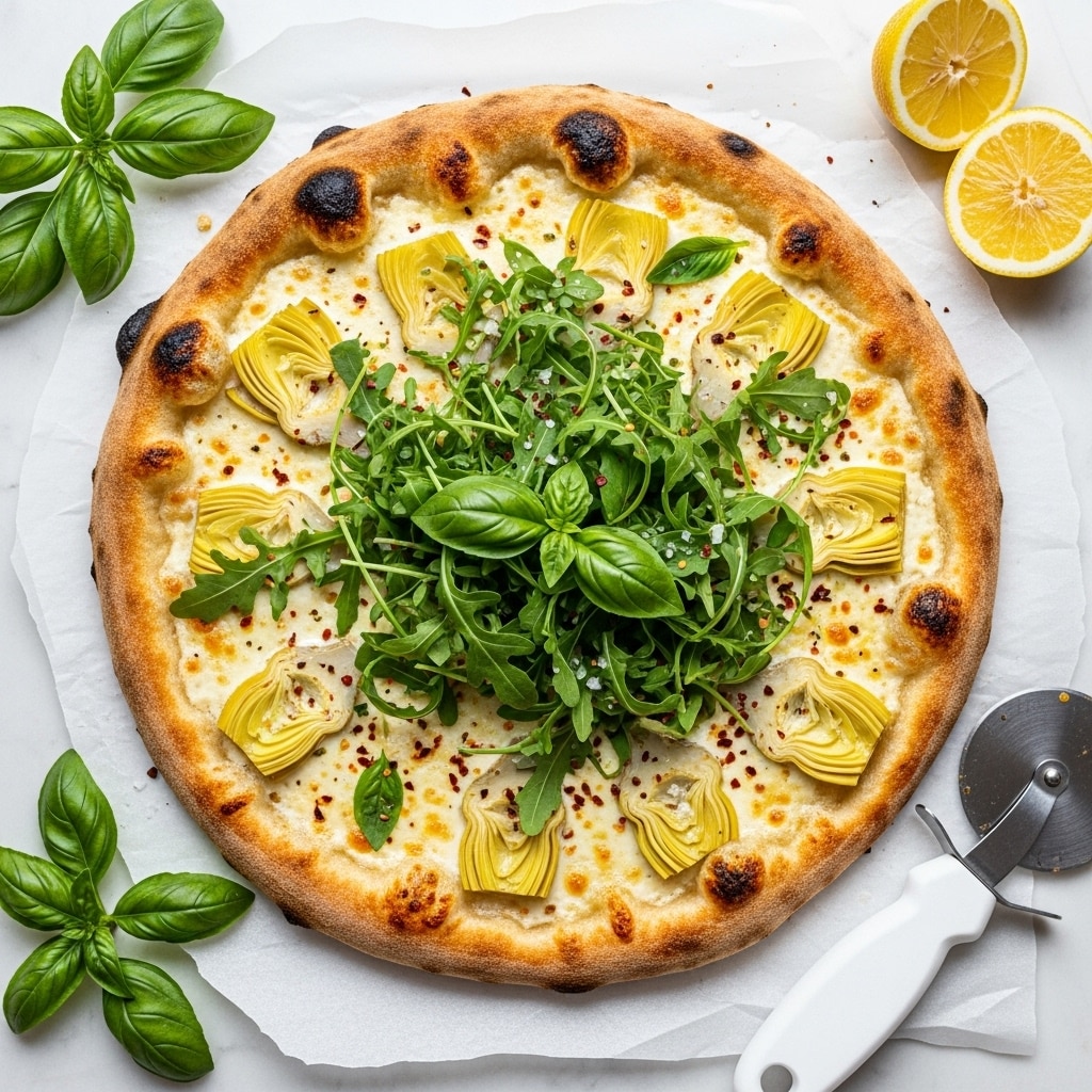 A round pizza with a thick, golden-brown crust that is slightly charred at the edges, topped with a creamy white cheese base that is melted and bubbly. On top of the cheese are slices of pale yellow artichoke hearts placed evenly, covered with a generous layer of bright green fresh arugula and basil leaves scattered in the center, sprinkled with coarse salt and red chili flakes. The pizza sits on white parchment paper placed on a white marbled surface, with fresh basil leaves and lemon wedges on the side. A white-handled pizza cutter is positioned near the bottom right corner. Photo taken with an iphone --ar 4:5 --v 7