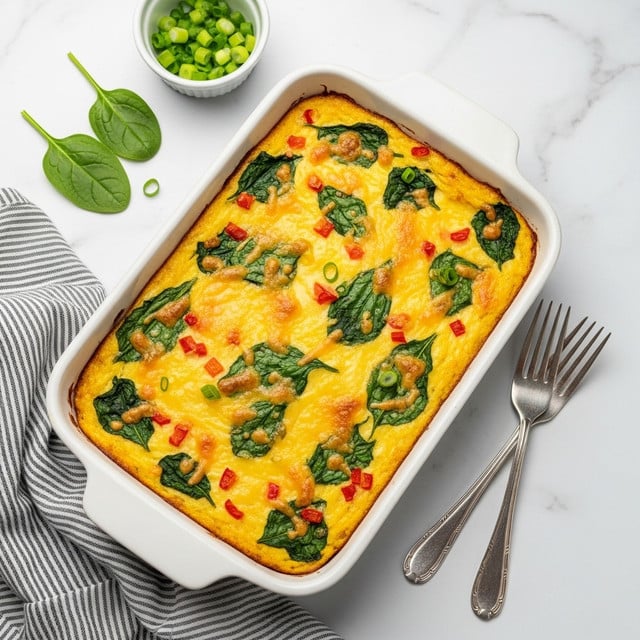 A rectangular baked dish with a golden yellow top layer of melted cheese mixed with dark green spinach leaves and small pieces of red bell pepper, all baked into a slightly browned and bubbly crust. The dish rests in a white baking pan with rounded handles on a white marbled surface, next to a gray and white striped cloth. Two silver forks lie to the right side of the pan, and there is a small white bowl filled with chopped green onions above the pan, along with two fresh spinach leaves on the marbled surface. Photo taken with an iphone --ar 4:5 --v 7