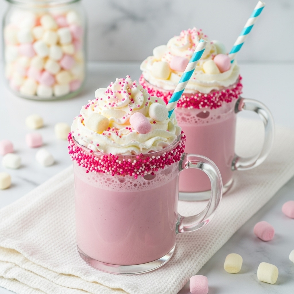 Two clear glass mugs filled with a smooth pink milkshake-like drink sit on a soft white textured cloth on a white marbled surface. The mugs have a thick layer of light pink liquid at the bottom as the first layer, topped with a slightly lighter pink creamy layer. The rims of the mugs are decorated with pink and white round sprinkles. On top, there are generous swirls of white whipped cream sprinkled with small pink sugar balls and mini pastel marshmallows in white, pink, and light yellow. Each mug has a blue and white zigzag patterned straw stuck in the whipped cream. Scattered mini marshmallows in similar pastel colors lay around the mugs. In the background is a glass jar filled with marshmallows, softly blurred. photo taken with an iphone --ar 4:5 --v 7