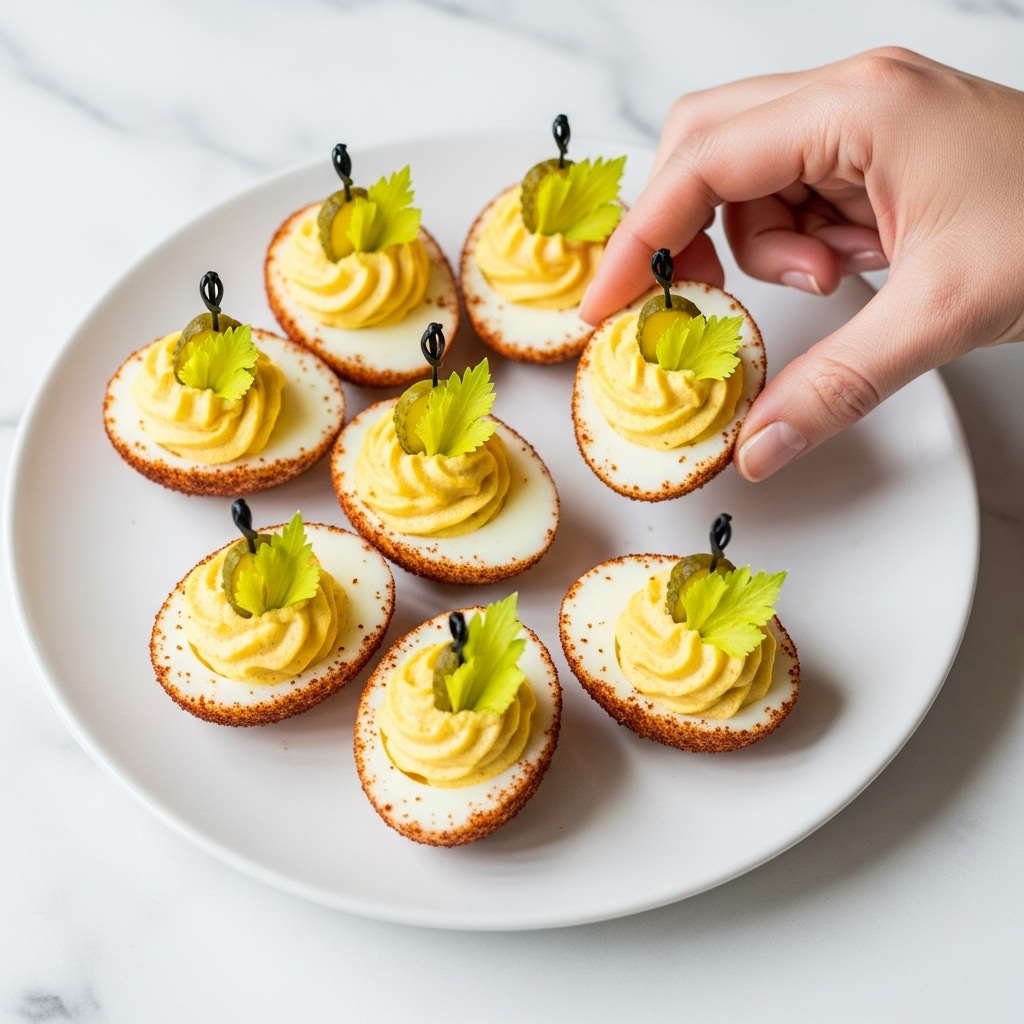 A white plate on a white marbled surface holds several deviled eggs, each cut in half with the creamy yellow filling piped atop the egg white halves. The edges of the egg whites are coated with a finely ground, dark reddish-brown spice. Each deviled egg is decorated with a small, light green celery leaf and a tiny slice of pickle standing upright in the filling. A woman's hand is reaching to pick one of the deviled eggs from the plate. photo taken with an iphone --ar 4:5 --v 7
