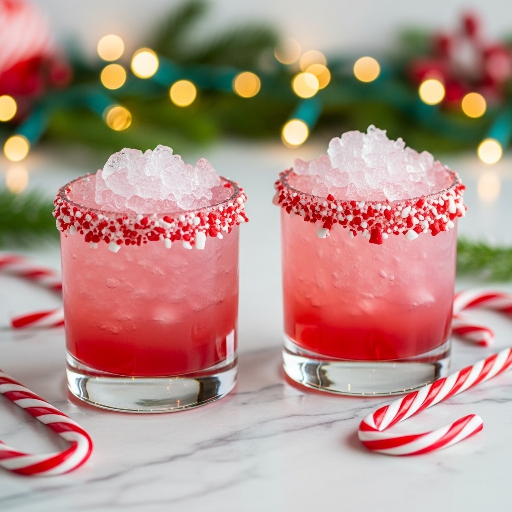 Two short clear glasses filled with pink drink and crushed ice on top stand on a white marbled surface. Each glass has a rim coated with crushed red and white candy pieces, adding a textured, festive detail. The liquid inside fades from a deeper pink at the bottom to a lighter shade near the ice. Around the glasses are red and white striped candy canes, and blurred holiday lights and greenery add a warm, festive background glow. Photo taken with an iphone --ar 4:5 --v 7