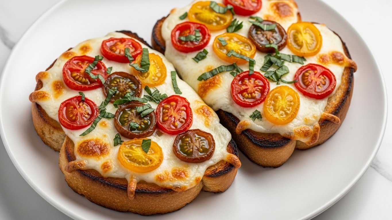Two slices of toasted bread are served on a white plate, placed on a white marbled surface. Each slice is topped with a creamy white melted cheese layer that covers the whole bread surface, showing some golden brown toasted spots where the cheese bubbled. On top of the cheese, there are sliced small tomatoes in red and yellow, slightly roasted with a glossy and soft texture. Green herb leaves are scattered over the cheese and tomatoes, adding a fresh contrast. The dish has a warm, inviting look with the crisp edges of the toasted bread visible around the toppings. photo taken with an iphone --ar 4:5 --v 7