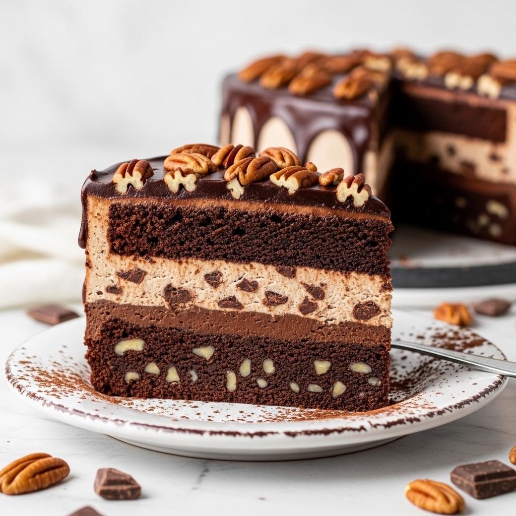 A slice of rich chocolate cake with four distinct layers sits on a white plate with a rustic edge, placed on a white marbled surface. The bottom layer is dense and dark brown, packed with visible nuts giving it a chunky texture. Above it is a creamy light brown layer with chocolate bits spread throughout, followed by a smooth dark chocolate layer topped with whole pecans. The top is crowned with a glossy, thick swirl of dark chocolate ganache, dripping down the sides in smooth ribbons. Cocoa powder is lightly dusted around the plate edges with scattered pecans and chocolate pieces nearby. Photo taken with an iphone --ar 4:5 --v 7
