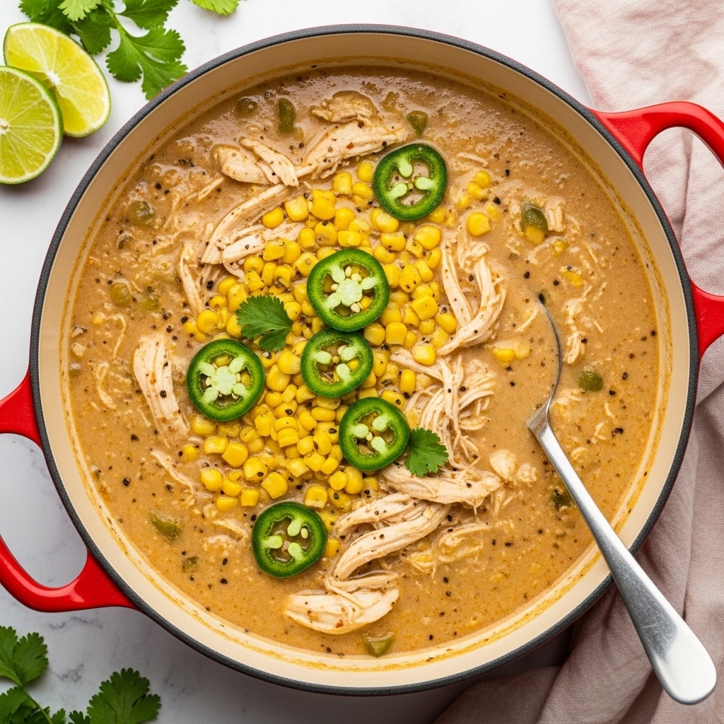 A red cooking pot filled with a thick, creamy soup made of shredded white chicken, bright yellow corn kernels, and sliced green jalapeño peppers scattered on the surface. The soup has a smooth, beige base with visible black specks of seasoning, and a silver spoon resting inside the pot. The pot is placed on a white marbled surface with lime wedges and green cilantro leaves partially visible nearby, along with a soft, light pink cloth to the side. Photo taken with an iphone --ar 4:5 --v 7