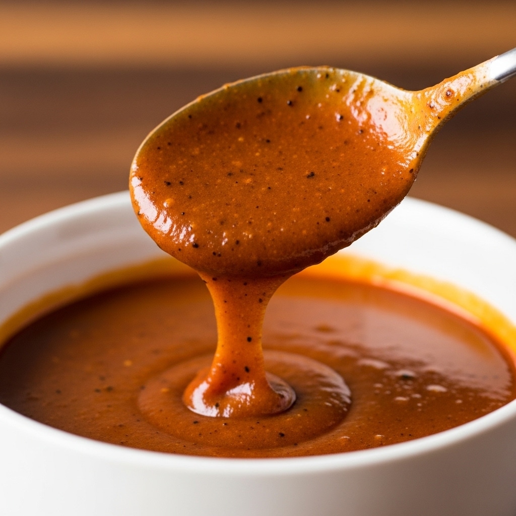 A close-up image of a smooth, rich brown sauce with small black specks, held in a spoon that is lifting some of the sauce above a white bowl filled with the same sauce. The sauce looks thick and creamy, with a glossy surface reflecting light, while slowly dripping from the spoon back into the bowl. The background shows a blurred wooden texture contrasted with the white bowl. The focus is sharp on the sauce and spoon details. photo taken with an iphone --ar 4:5 --v 7