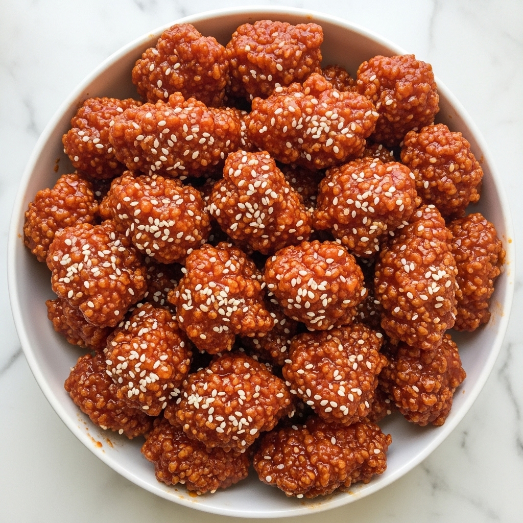 A white bowl filled with many pieces of crispy fried chicken coated in a shiny reddish-brown sauce, each piece topped with small white sesame seeds. The chicken pieces have a rough, crunchy texture and are layered closely together, filling the bowl almost to the top. The bowl sits on a white marbled surface, giving a clean and bright background effect. photo taken with an iphone --ar 4:5 --v 7