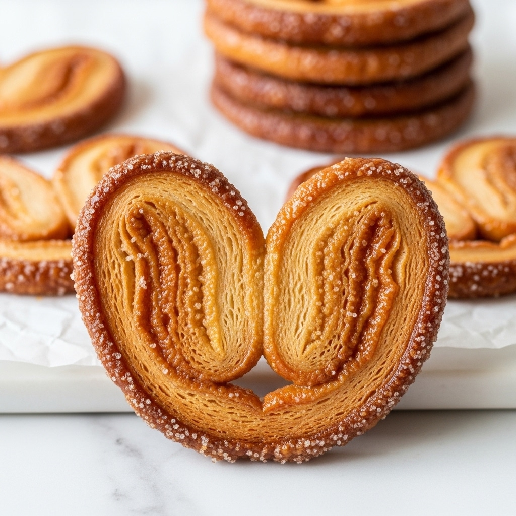 A close-up view of a golden brown palmier pastry with multiple thin, crispy layers forming a heart shape, showing a shiny, sugary glaze on its surface. The pastry's texture looks flaky and caramelized, with visible layers curving inward from both sides. In the background, there are blurred similar palmier pastries stacked, all set on white crumpled parchment paper placed on a white marbled surface. Photo taken with an iphone --ar 4:5 --v 7