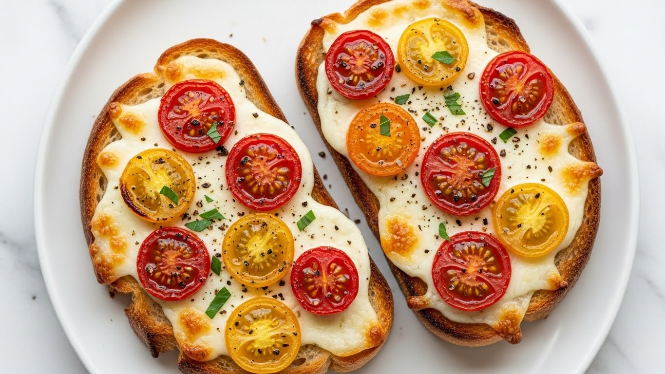 Two slices of toasted bread are placed on a white plate with a white marbled texture underneath. Each slice is topped with a melted layer of white cheese, bubbly and slightly browned at the edges. On top of the cheese are slices of red and yellow cherry tomatoes, scattered evenly across the surface. The tomatoes have a slightly roasted look with black pepper and small pieces of green herbs sprinkled over everything, adding a fresh touch. The crust of the bread is golden brown and crisp, framing the colorful toppings nicely. photo taken with an iphone --ar 4:5 --v 7