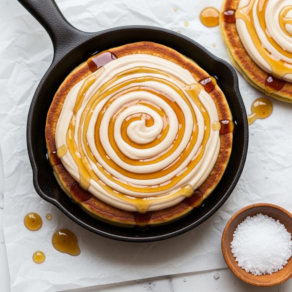 A single round, golden brown pancake sits in a small black cast iron skillet. It has one main layer, topped with a thick spiral of light beige cream that covers most of its surface. Over the cream, there is a glossy, amber-colored syrup drizzled in a loose spiral pattern. The skillet rests on white marbled parchment paper, with another similar pancake partially visible topped with the same cream and syrup on the side. A small wooden bowl filled with coarse white salt is placed near the skillet. Some syrup puddles and salt crystals are scattered around the scene. photo taken with an iphone --ar 4:5 --v 7