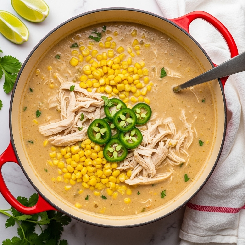 A large red pot filled with a thick, creamy soup that has a light beige color. The soup has three main layers: a creamy broth base; scattered bright yellow corn kernels adding texture and color; and shredded pale chicken spread evenly throughout. Thin slices of green jalapeño pieces float on top, giving a pop of fresh green. There is a metal spoon resting inside the soup on the right side. The pot is on a white marbled surface with some green lime wedges and cilantro leaves nearby, and a soft white cloth with a pink stripe is partially visible on the right. photo taken with an iphone --ar 4:5 --v 7