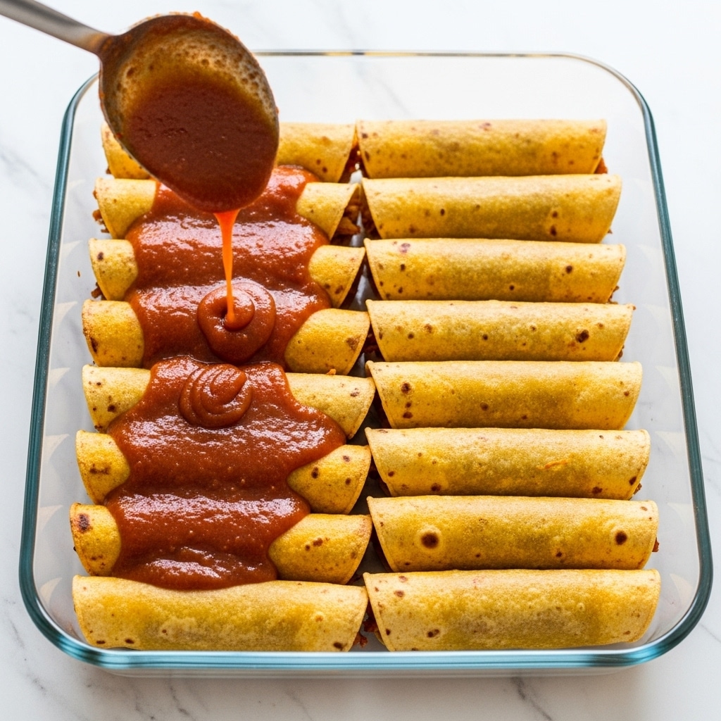 A clear rectangular glass dish sits on a white marbled surface, filled with two neat rows of golden rolled tacos or enchiladas tightly placed side by side. Over the top left section of these rolled pieces, a glossy reddish-brown sauce with a smooth texture is being poured generously from a metal spoon, covering some of the enchilada surfaces while the rest remain exposed, showing their crispy, slightly blistered shell. photo taken with an iphone --ar 4:5 --v 7