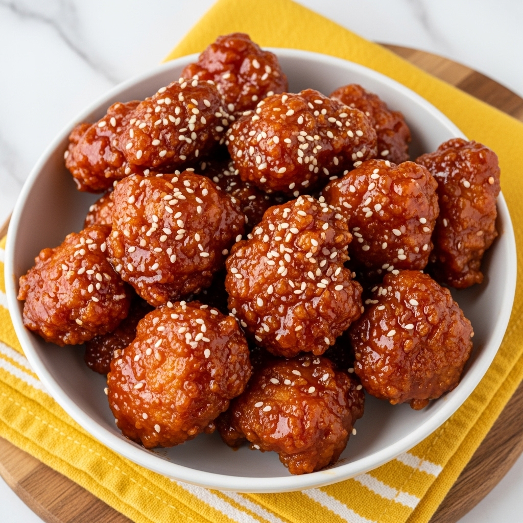 A white bowl filled with many pieces of crispy, golden-brown fried chicken coated in a thick, shiny reddish-brown sauce, sprinkled with small white sesame seeds evenly on top. The chicken pieces look crunchy and are piled loosely in the bowl. The bowl sits on a bright yellow cloth with white stripes, which rests on a wooden surface now replaced by a white marbled texture. Photo taken with an iphone --ar 4:5 --v 7