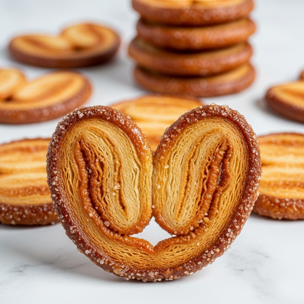 A close-up of a golden-brown palmier pastry showing its many thin, crunchy, and caramelized layers curved in a heart shape with a shiny sugary glaze on the surface. Behind it, there are other palmiers scattered on a white marbled texture, some stacked and some blurred in the background, highlighting the texture and crispiness of the pastries. photo taken with an iphone --ar 4:5 --v 7