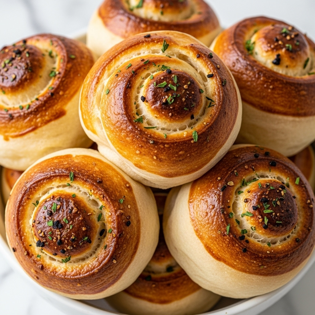 A close-up of a white bowl filled with round bread rolls that have a golden brown crust on top with a shiny, slightly textured surface. The rolls are soft and fluffy, with a few green herb sprinkles and small bits of black seasoning scattered on top. The rolls are stacked closely together in the bowl, showing light, pale dough on the sides and a deep golden color on their tops. The background has a white marbled texture. photo taken with an iphone --ar 4:5 --v 7