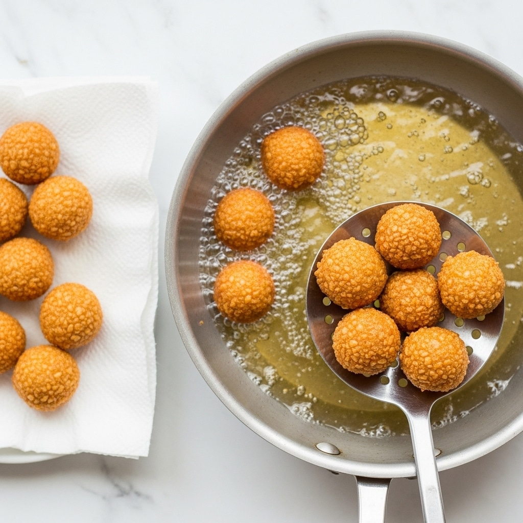 This image shows a silver frying pan filled with hot, bubbling oil, with golden-brown fried balls being lifted out using a metal slotted spoon. The spoon holds seven round, crispy balls with a crunchy texture visible. To the left, a white paper towel on a surface catches several more fried balls, similar in size and color, showing a flaky, golden crust. The background has a white marbled texture underneath the pan and items. Photo taken with an iphone --ar 4:5 --v 7
