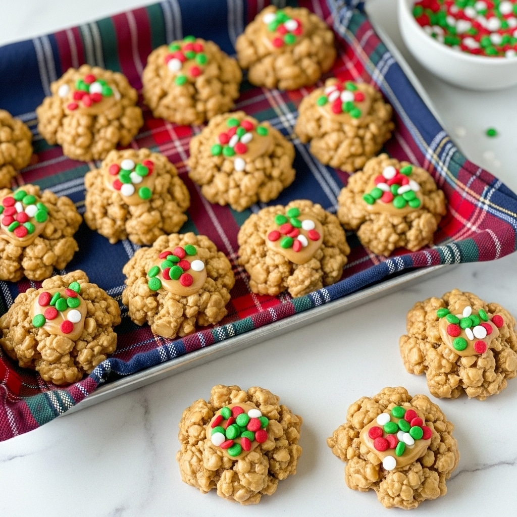The image shows a cluster of no-bake white chocolate peanut butter cookie clusters placed on a white marbled surface. The cookies have a creamy, light tan base with a rough texture made of visible pieces of cereal or nuts all stuck together. Each cluster is topped with small, round red and green sprinkles and some small white nut pieces, scattered unevenly across the top. The background has more cookie clusters blurred out, resting on a red and black plaid cloth that adds a festive touch. The focus is sharp on the cookie in the front, showing the creamy, chunky texture clearly. photo taken with an iphone --ar 4:5 --v 7