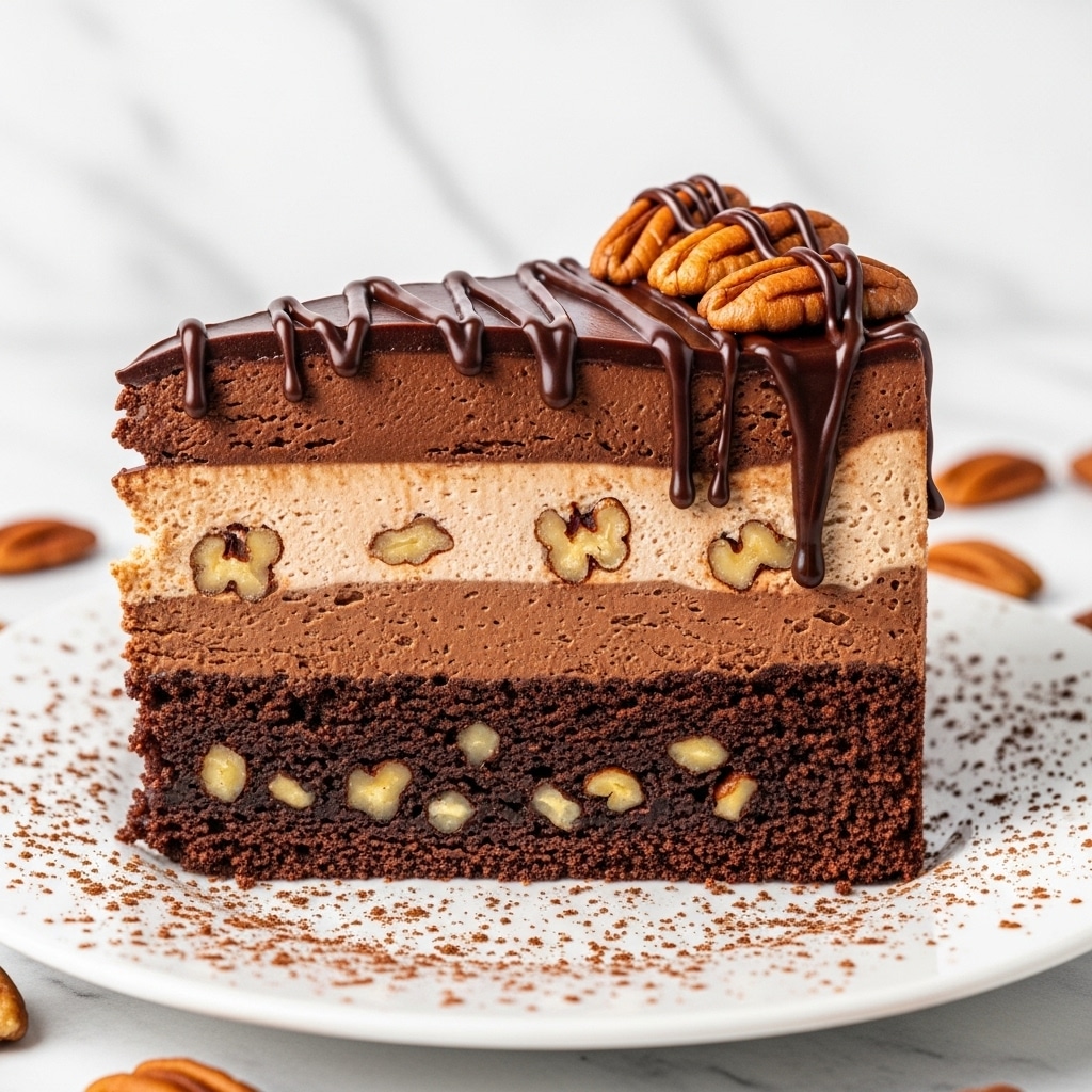 A rich chocolate dessert slice with three distinct layers sits on a white plate, which has cocoa powder sprinkled around its edge. The bottom layer is a dark brown cake packed with chopped nuts. Above it, a creamy, light brown mousse or filling with visible nut pieces creates the middle layer. The top layer is a smooth, glossy dark chocolate ganache, decorated with whole pecans and chocolate drizzle that drips down the sides. The background is a white marbled texture, with some scattered nuts around the plate, giving a warm and inviting look. photo taken with an iphone --ar 4:5 --v 7