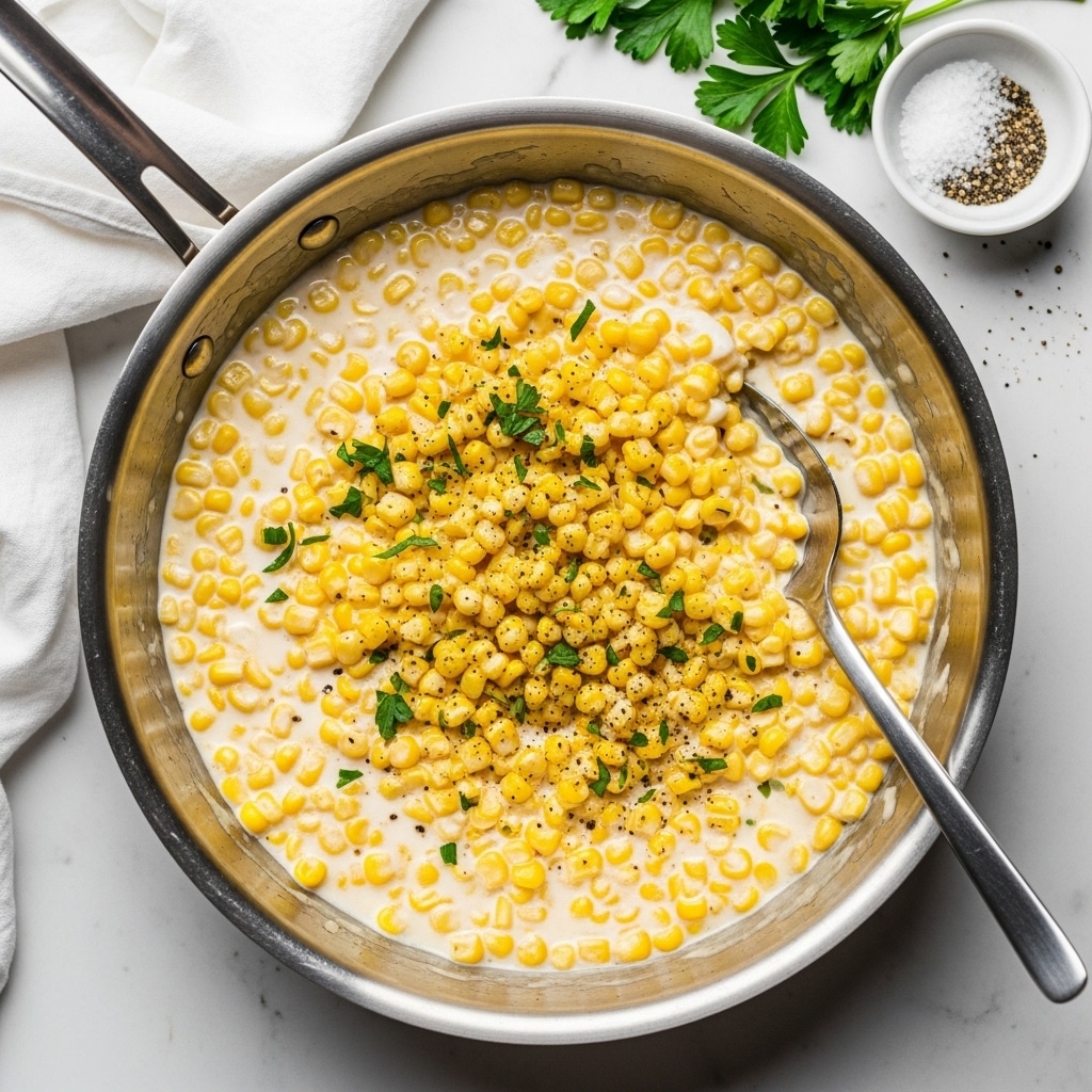 The image shows a shiny stainless steel pan filled with creamy corn. The dish has one main layer made of bright yellow corn kernels mixed with a smooth, white creamy sauce. Small bits of green herbs and black pepper are sprinkled on top, adding contrast and texture. A metal spoon is partially immersed in the creamy corn on the right side of the pan. The pan rests on a white marbled surface with a white cloth in the background and some fresh green parsley leaves and a small white bowl with salt and pepper placed nearby. Photo taken with an iphone --ar 4:5 --v 7