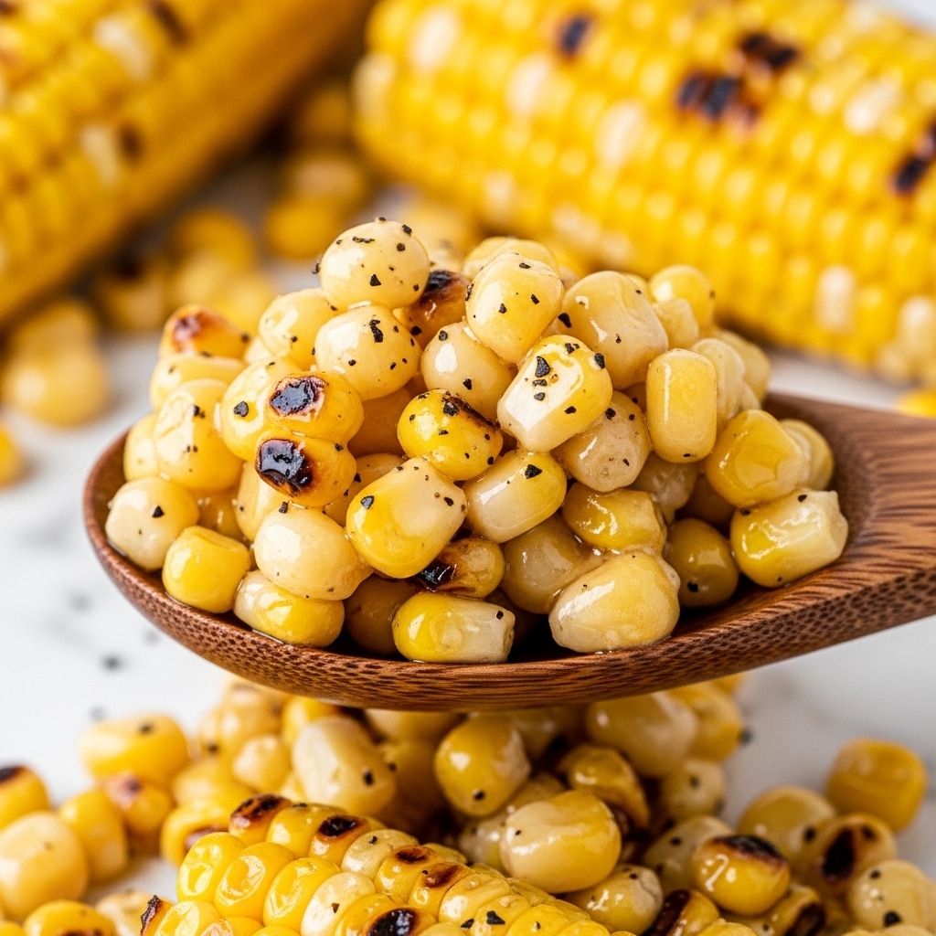 The image shows a close-up of a wooden spoon full of grilled corn kernels coated in a glossy, creamy sauce. The corn kernels are yellow and white, some slightly browned and charred for a crispy texture, with small black pepper flakes scattered on top. Below the spoon, more corn kernels are visible, all shiny and caramelized, suggesting a rich, buttery layer under the sauce. The background is soft and blurred, filled with more pieces of the same grilled corn. The whole scene rests on a white marbled texture. Photo taken with an iphone --ar 4:5 --v 7