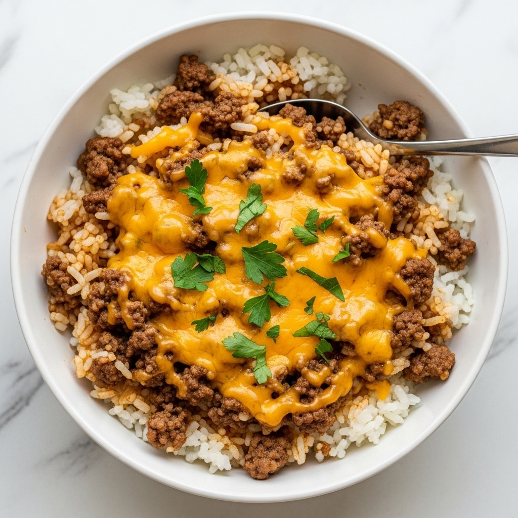 A bowl filled with a mixed dish of white rice and browned ground beef, topped with melted yellow cheese that is slightly spread throughout the rice and meat, creating an even layer of creamy texture. Small bright green parsley pieces are sprinkled on the top as garnish, adding a fresh contrast to the warm colors of the dish. A silver spoon rests inside the white bowl, which sits on a white marbled surface. The lighting highlights the steaminess and warmth of the dish, emphasizing the details in the soft rice grains and juicy meat pieces. Photo taken with an iphone --ar 4:5 --v 7