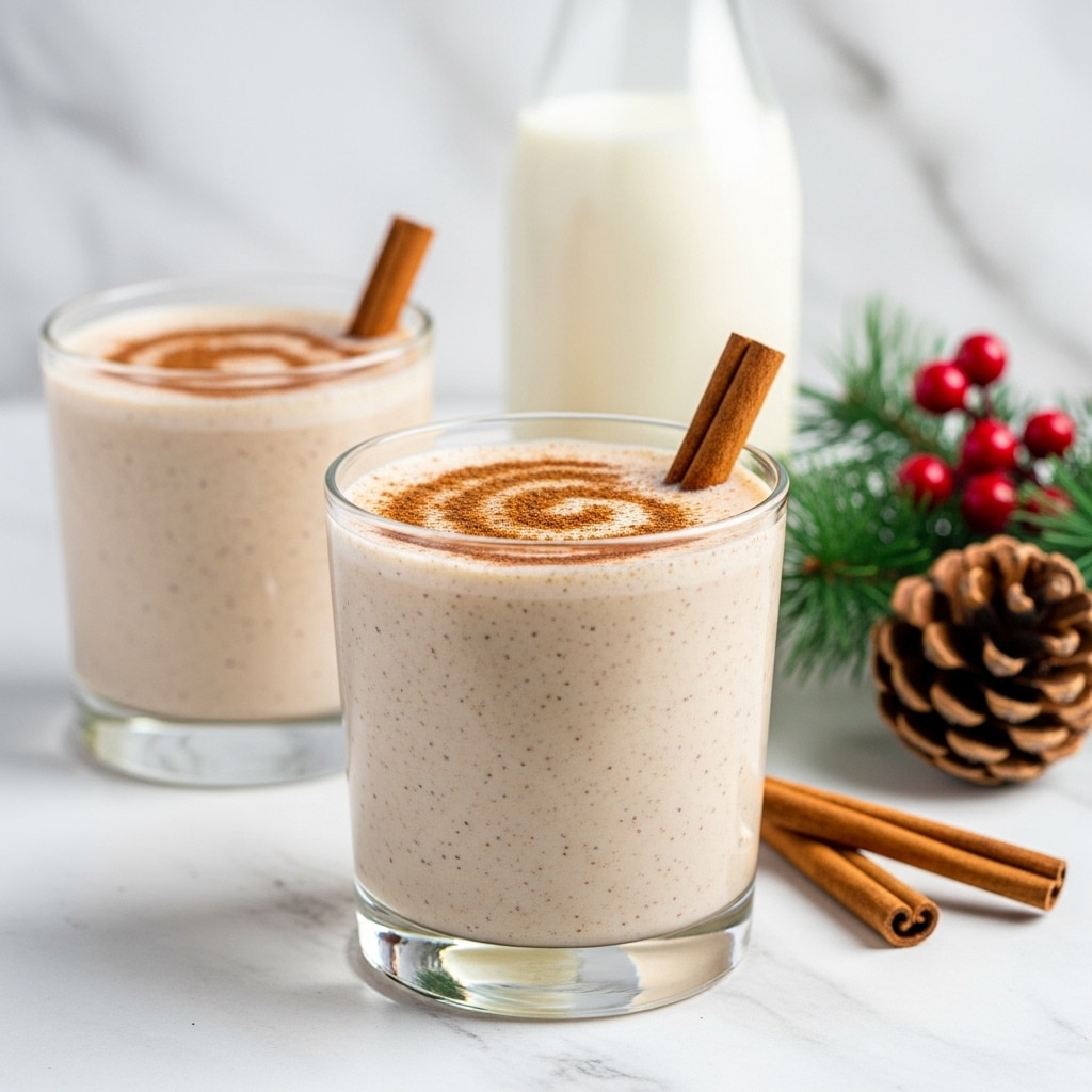 A clear glass is filled nearly to the top with a smooth, creamy beige drink that has tiny dark specks throughout. On the surface, there is a swirl of brown cinnamon powder and a cinnamon stick sticking out from the right side. Behind this glass, there is another similar glass with the same drink and a cinnamon stick inside, along with a tall clear bottle of milk. To the right, there is a small green pine branch with red berries and a large pine cone. Two cinnamon sticks lie on the white marbled surface in front. The background is softly blurred, showing the white marbled texture. photo taken with an iphone --ar 4:5 --v 7
