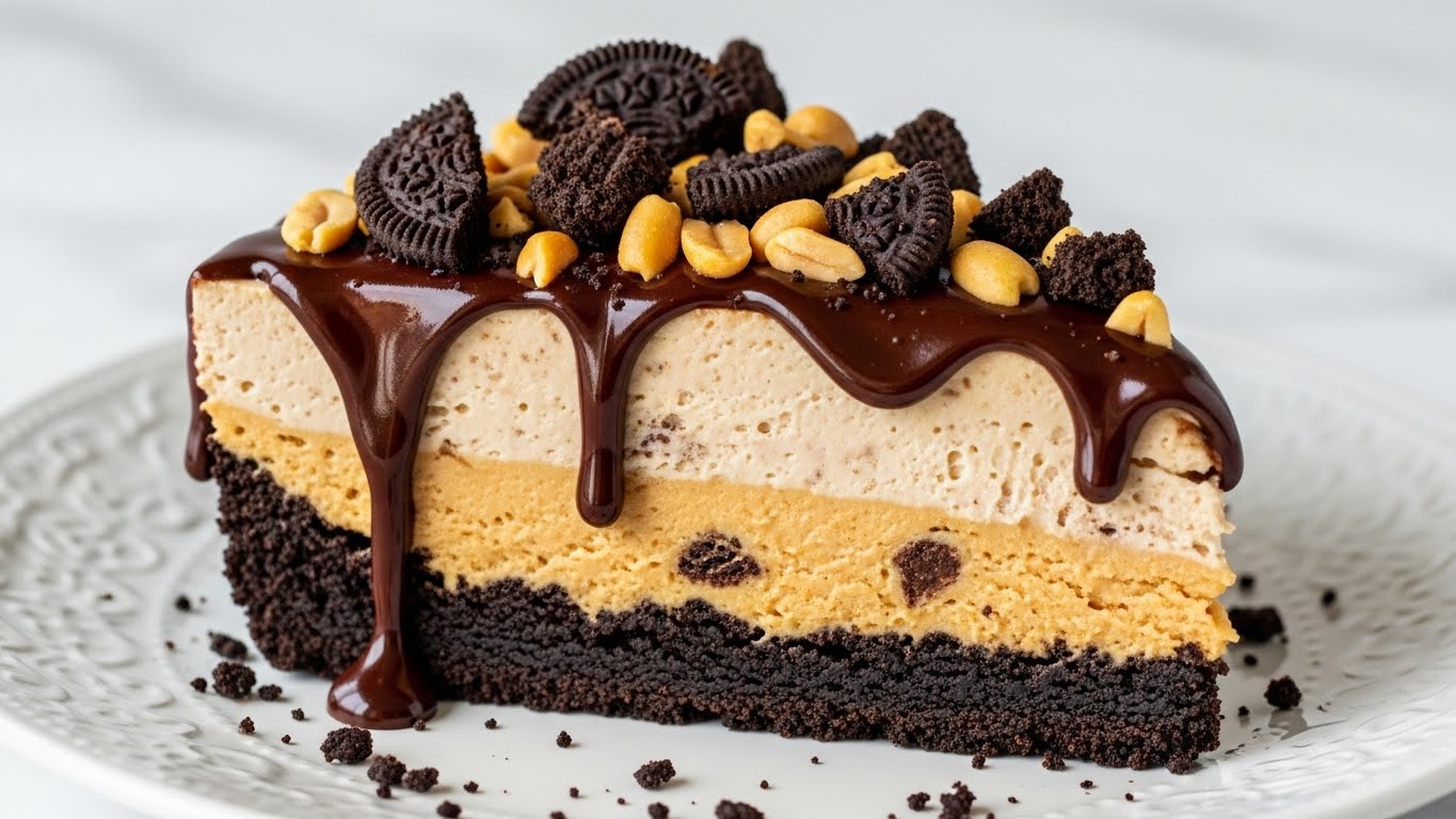 A slice of cheesecake with three visible layers rests on a white plate over a white marbled surface. The bottom layer is a thick, dark, crumbly crust. The middle layer is thick and creamy, pale beige with a smooth texture. The top layer is a glossy caramel spread, with dark chocolate drizzle forming thin lines falling slightly down the side. On top, there are scattered chunks of chocolate and whole and broken light brown peanuts, with some of these toppings spilled onto the plate. Photo taken with an iphone --ar 4:5 --v 7