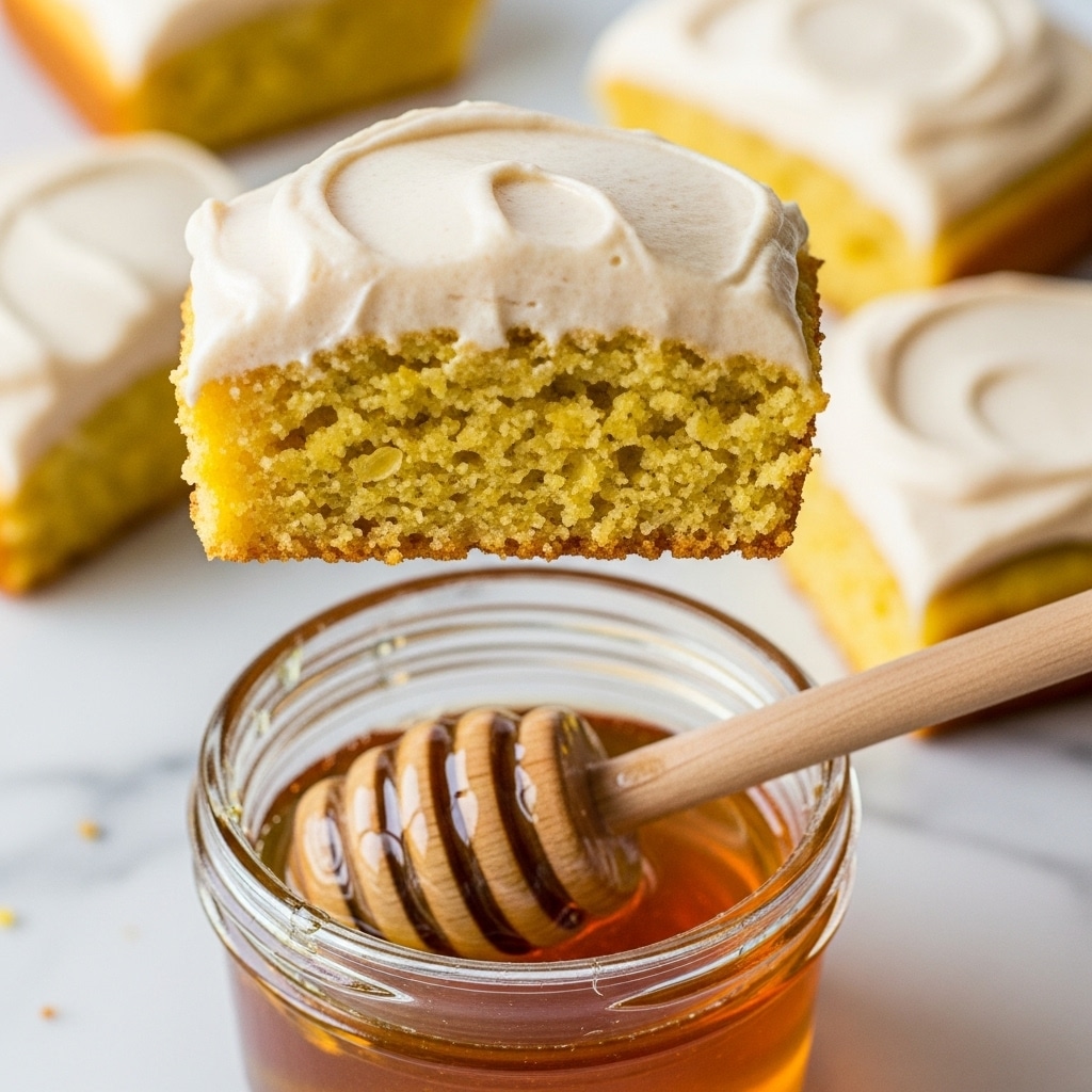 A close-up image shows a piece of yellow cornbread topped with a thick layer of light beige creamy frosting. The cornbread has a crumbly texture with visible grains and edges that are slightly browned. This piece is held just above a small glass jar filled with golden amber honey, and a wooden honey dipper rests inside the jar, coated with honey. In the background, parts of more cornbread pieces lie on a white marbled surface, adding subtle texture to the scene. photo taken with an iphone --ar 4:5 --v 7