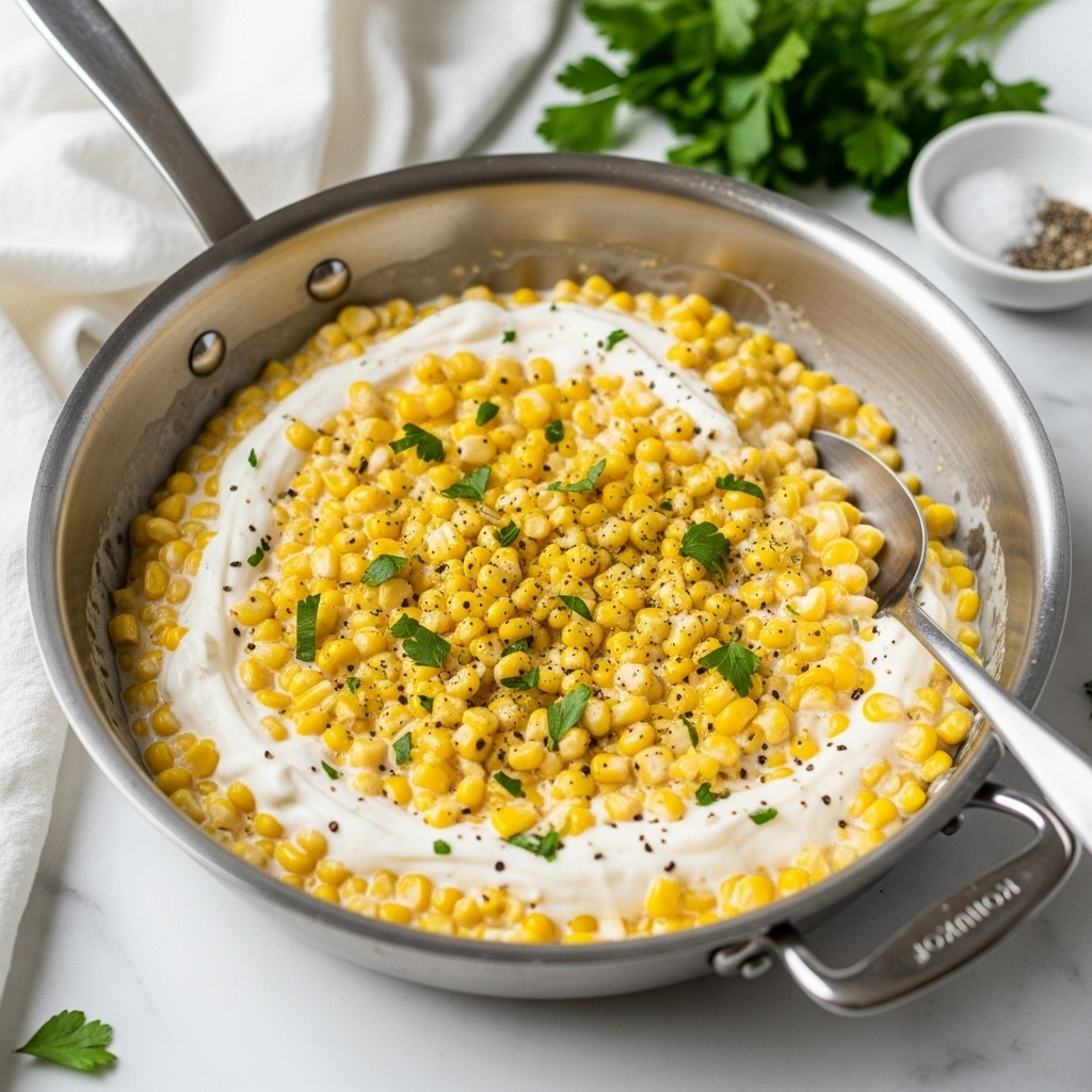 A shiny silver pan filled with creamy corn, where soft yellow corn kernels are mixed in a rich, creamy white sauce, with small green herb pieces sprinkled on top and a bit of ground black pepper scattered around; a silver spoon is partially dipped into the mixture on the right side. The pan sits on a smooth white marbled surface with some green herb leaves and a small white bowl of coarse salt and black pepper nearby. Photo taken with an iphone --ar 4:5 --v 7