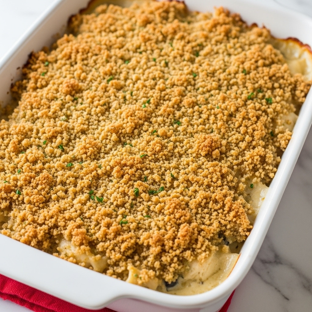 A white rectangular ceramic dish filled with a baked casserole that has a golden brown, crispy breadcrumb topping covering the entire surface. The breadcrumbs have small flecks of green herbs and a slightly rough texture, indicating a crunchy finish. The casserole beneath the topping is thick, creamy, and slightly bubbling at the edges visible within the dish's corners. The dish is placed on a white marbled surface with a small corner of a red cloth visible underneath it. photo taken with an iphone --ar 4:5 --v 7